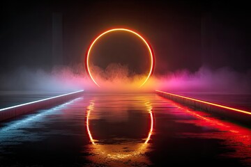 Neon ring, colorful light, smoky stage