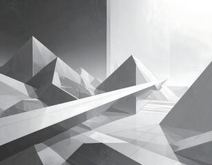 A grayscale architectural landscape showcases geometric pyramids and angular structures, with a long, flowing bridge connecting the peaks.