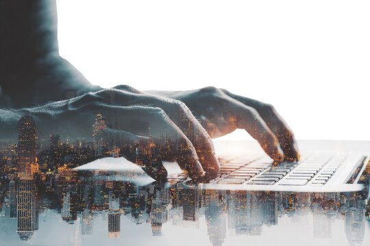 Double exposure of hands typing on laptop, cityscape overlay