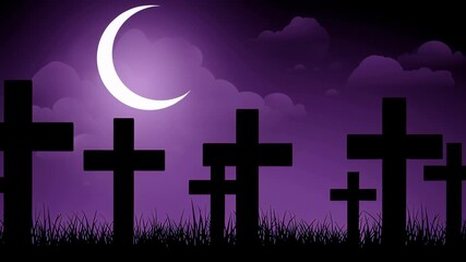 Eerie graveyard with silhouetted crosses under crescent moon, surrounded by purple clouds, creates spooky night atmosphere of mystery and reflection