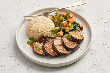 Tofu with eggplant and spinach