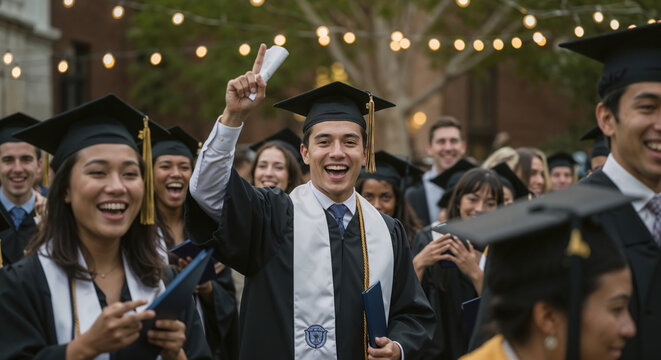 Celebrating a milestone of academic achievement, a cheerful graduate raises his hand in triumph, symbolizing the successful pursuit of knowledge and a bright future ahead