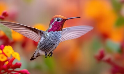 Fototapeta premium Vibrant hummingbird in flight amidst colorful blossoms