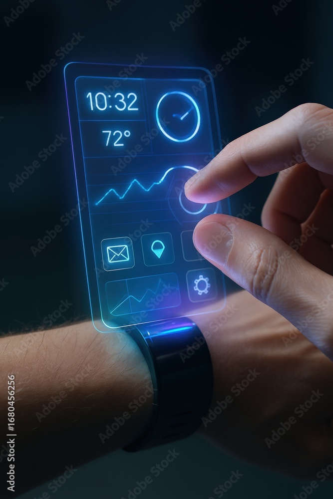 Poster touchless invention concept. futuristic smartwatch interface with holographic display.