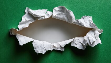Ripped white paper hole in green background