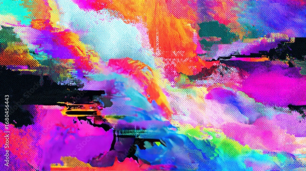 Poster abstract messy glitch vibrant background with colorful distorted digital noise and pixelated texture