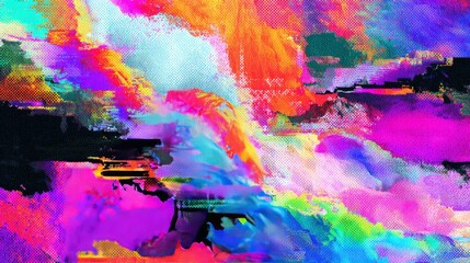Abstract messy glitch vibrant background with colorful distorted digital noise and pixelated texture featuring bright neon colors and copy space for modern design, futuristic technology, and creative 