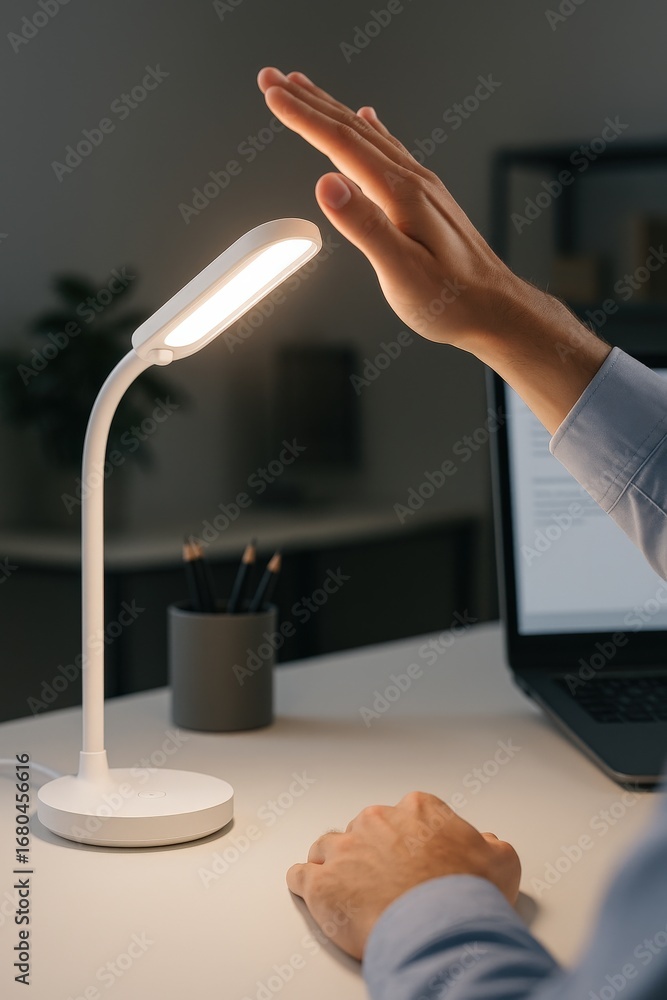 Poster touchless invention concept. hand gestures control a desk lamp in a modern workspace.