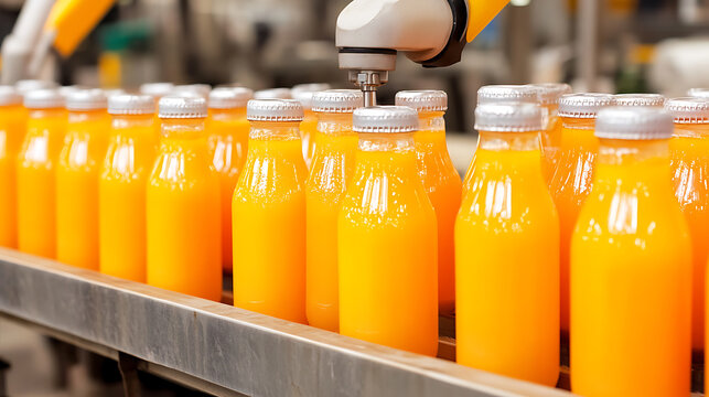 Automated bottling line filling bottles with orange juice in a factory setting