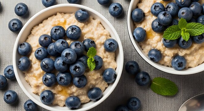 Delicious oatmeal breakfast with fresh blueberries and mint leaves a healthy and nutritious start to the day featuring organic ingredients and a focus on wholesome eating