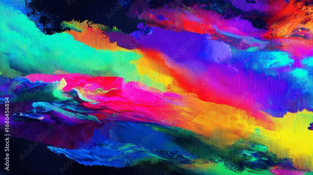 Poster abstract messy glitch vibrant background with colorful distorted digital noise and pixelated texture