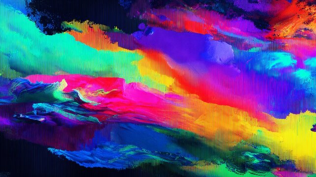 Abstract messy glitch vibrant background with colorful distorted digital noise and pixelated texture featuring bright neon colors and copy space for modern design, futuristic technology, and creative 