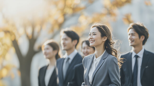 秋色に染まる街で未来を描く若手社員たち、秋の中途採用・リクルートイメージ