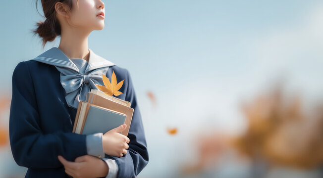 希望に向かって秋空を見つめる女子高生、受験シーズンのイメージ
