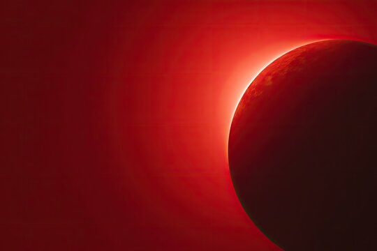 Red planet, close-up, glowing, against a fiery, intense red background - Powered by Adobe