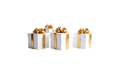 3D illustration of a golden Christmas gift box with ribbon and golden bow on white background