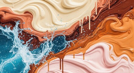 Dynamic Splash of Creamy Chocolate and Water Droplets in Swirling Abstract Motion