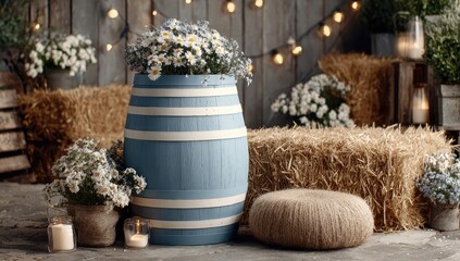 Rustic, light-blue barrel planter with daisies and string lights