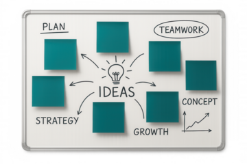 Brainstorming whiteboard featuring colorful sticky notes, connecting arrows, lightbulb symbol, highlighting collaborative strategy and innovative team growth process