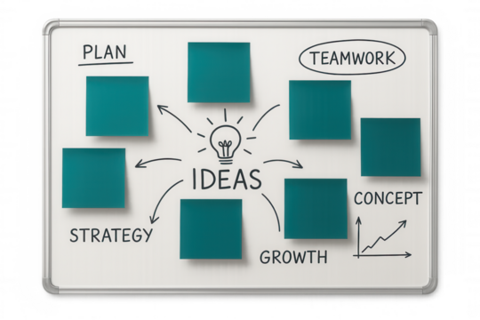 Brainstorming whiteboard featuring colorful sticky notes, connecting arrows, lightbulb symbol, highlighting collaborative strategy and innovative team growth process