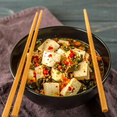 Creamy tofu in a dark bowl with chopsticks