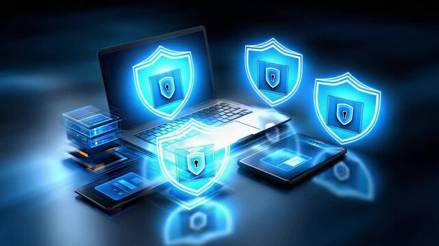 Cybersecurity concept: laptop and mobile devices protected by glowing shield icons.