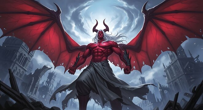 Powerful Demon Figure with Red Wings and Horns.
