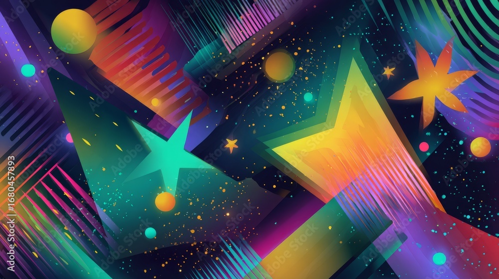 Poster modern festive abstract vector template featuring angular multicolored neon shapes, vibrant geometri