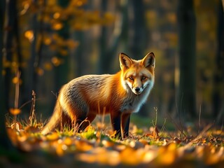 Wild red fox in a snowy forest during golden hour