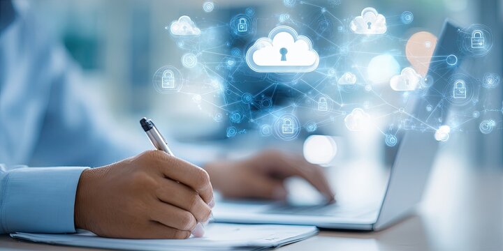 Person writing on paper with a laptop, cloud security icons overlay