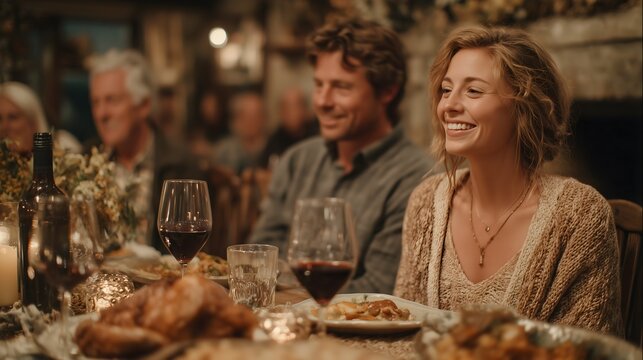 Young couple enjoys Thanksgiving dinner surrounded by family in a cozy, warm setting - Powered by Adobe