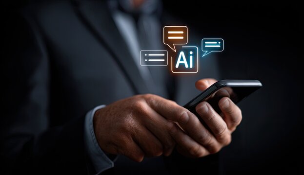 Close-up of hands holding a phone with AI icons overlayed - Powered by Adobe