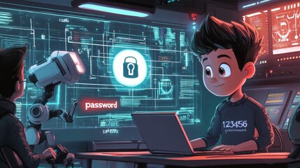 Cartoon-style illustration: 12-year-old Sam sits at his laptop, explaining a cybersecurity breach to a group of IT experts in a high-tech control room. A large holographic screen displays a digital lo