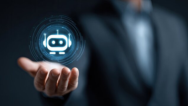Businessperson holds holographic robot icon