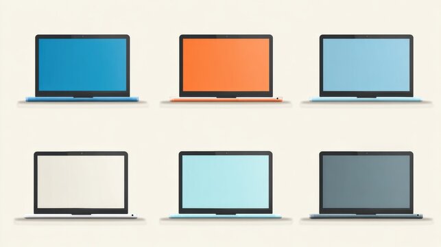 Collection of Six Laptops With Varied Screen Colors Arranged on a Neutral Background, Showcasing Diverse Design Possibilities in Technology