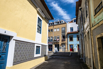View on the beautiful facades of old buildings in Art Nouveau architectural style in Aveiro city in Portugal