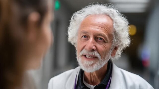 An elderly doctor with white hair and beard in a white coat talks to a patient in a hospital hallway.