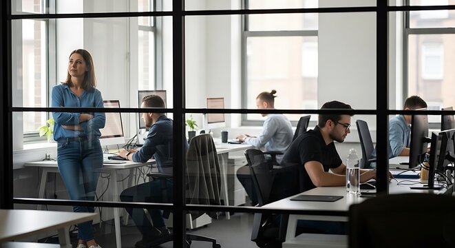 Diverse team members collaborate in a modern office space with natural light and open layout promoting productivity and teamwork with thoughtful design and contemporary aesthetics