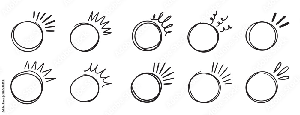 Poster circle brackets doodle line for quotation set. sparkle ray elements. hand drawn round frame for titl
