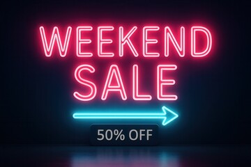 Fototapeta premium Weekend SALE with 50% OFF discount offer, neon style, eye-catching retail promotion direction.