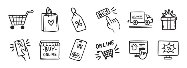 e-commerce online shopping doodle hand drawn icon set. Outline drawing e-commerce online shopping line clipart symbol collection