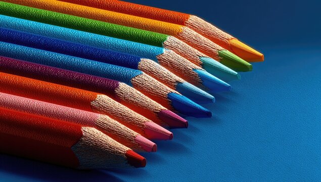 Colorful pencils in a diagonal arrangement on a deep blue background