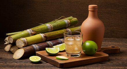 A rustic still-life of Brazilian cachaça in a short glass with sugarcane stalks on the side, lime wedges, and wooden cutting board. A clay bottle of cachaça completes the composition.