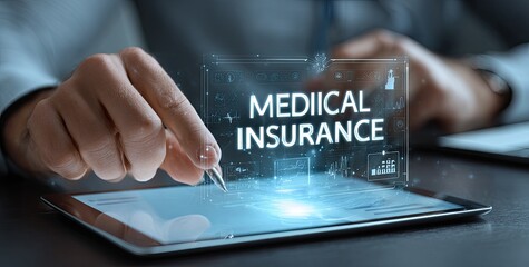 Close-up of hands with stylus over tablet, holographic MEDICAL INSURANCE text overlay