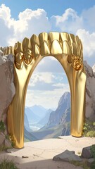 A golden archway carved from teeth, framed by broken stone, offers a breathtaking vista of a mountain valley.
