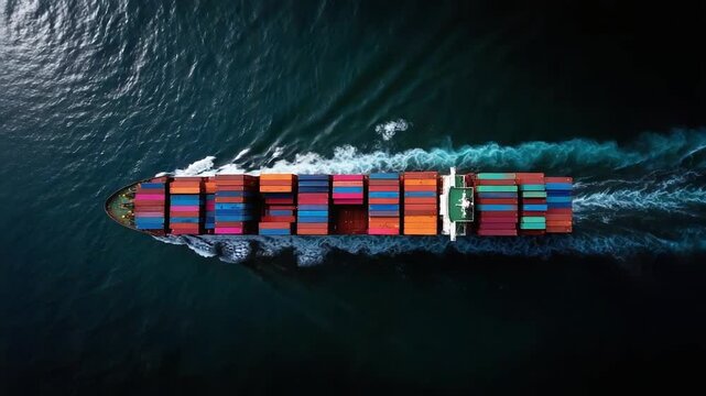 A large cargo ship sailing on the ocean, loaded with rows of colorful shipping containers.