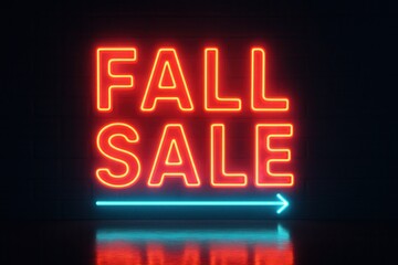 Neon banner featuring FALL SALE offer with glowing text, vibrant retail discount promotion.