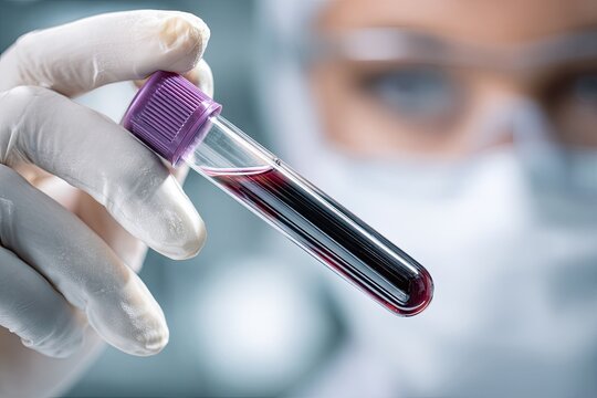 Gloved hand holds blood sample in test tube
