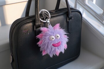 Purple fluffy keychain on black handbag