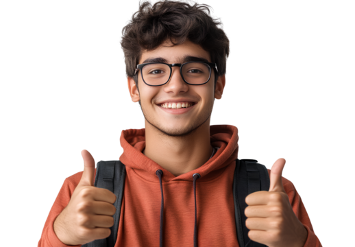  a young man, a student wearing glasses, is smiling and giving a thumbs-up gesture against a transparent background